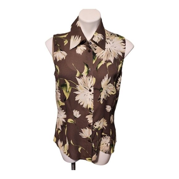 LINDA ALLARD ELLEN TRACY Brown Floral Sheer Silk Tie Sleeveless Blouse Size 10 - Picture 4 of 12